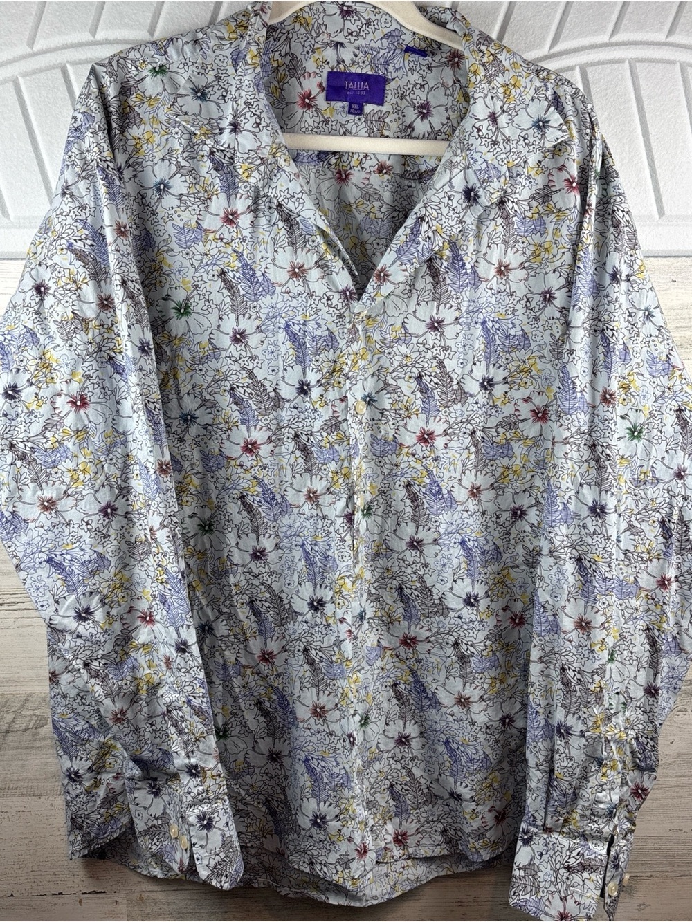 TALLIA White Floral Button-Up Shirt with Blue, Yellow and Purple Accents
